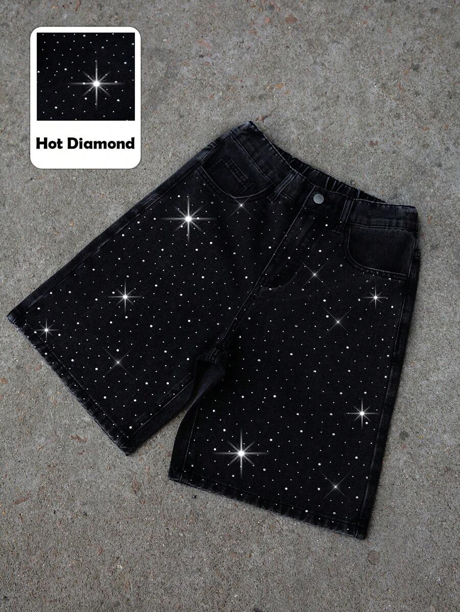 SHEIN Teen Boy Fashion Casual Vintage Y2k Old Sparkling Rhinestone Design Black Loose Wide-Leg Denim Shorts For Teen Boy Clothes Boys Soft Dailywear And Teen Boy Summer And Spring Rave Outfits Festival And Beach Outfits Clothes - Black - View 1