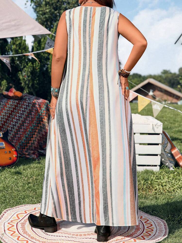 Plus Size Women's Summer Vacation Style Contrast Stripe Print Loose Sleeveless Dress , Simple And Fashion Style, Suitable For Summer,Casual Style, Casual Outfits, Summer Fashion, Women's Summer Outfits, Country Concert Outfits, Women's Western Outfits, Women Summer Clothing Women Plus Clothing Business Casual Woman S Summer Clothes Women Plus Clothing Formal