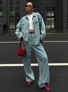 Bộ áo sơ mi cạp chun rộng màu trơn và quần jeans ống rộng cho nữ, trang phục mùa thu - Rửa nhẹ - Xem 5