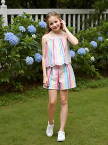 SHEIN Elladie kids Tween Girl Striped Vacation Camisole Top And Shorts 2 Pieces Casual Set Summer Holiday