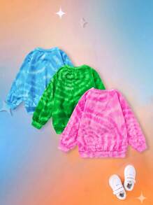THE POWERPUFF GIRLS X SHEIN Young Girl 3-Piece Set: Tie-Dye Sweatshirt And Blossom, Bubbles, Buttercup Pattern Sweatshirt, Long Sleeve, Autumn/Winter