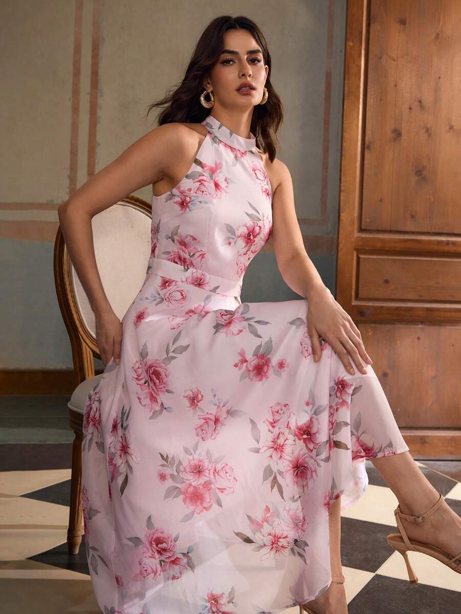 ZEYLAH Váy xòe không tay in họa tiết, phong cách nghỉ dưỡng mùa hè lãng mạn - Nhiều màu - Xem 1