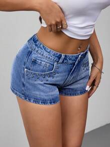 SHEIN ICON 女式夏季休闲串珠口袋牛仔短裤 - 淺色水洗藍 - 查看 5