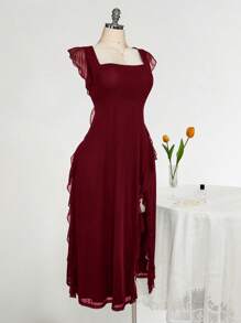 SHEIN ICON 加大码方领荷叶边修身连衣裙，婚礼派对，浪漫春季服装，婚礼宾客服装