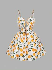 SHEIN MOD Plus Size Front Tie-Waist Fruit Print Rompers,Boho,Concert ,Romantic ,Spring ,Festival,Tropical ,Vacation ,Wide Leg Jumpsuit Lemon Print Dress Summer Sundress Women Short Sun Dress A Line Summer Dress Fruit Dress - Multicolor - View 1