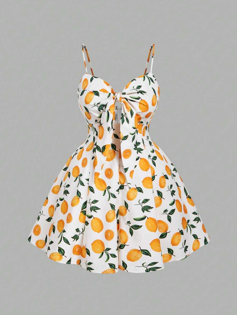 SHEIN MOD Plus Size Front Tie-Waist Fruit Print Rompers,Boho,Concert ,Romantic ,Spring ,Festival,Tropical ,Vacation ,Wide Leg Jumpsuit Lemon Print Dress Summer Sundress Women Short Sun Dress A Line Summer Dress Fruit Dress - Multicolor - View 1