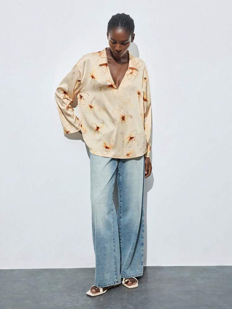 SHEIN Maija Ladies Yellow Floral Print V-Neck Summer Blouse, Elegant, Comfortable, Versatile