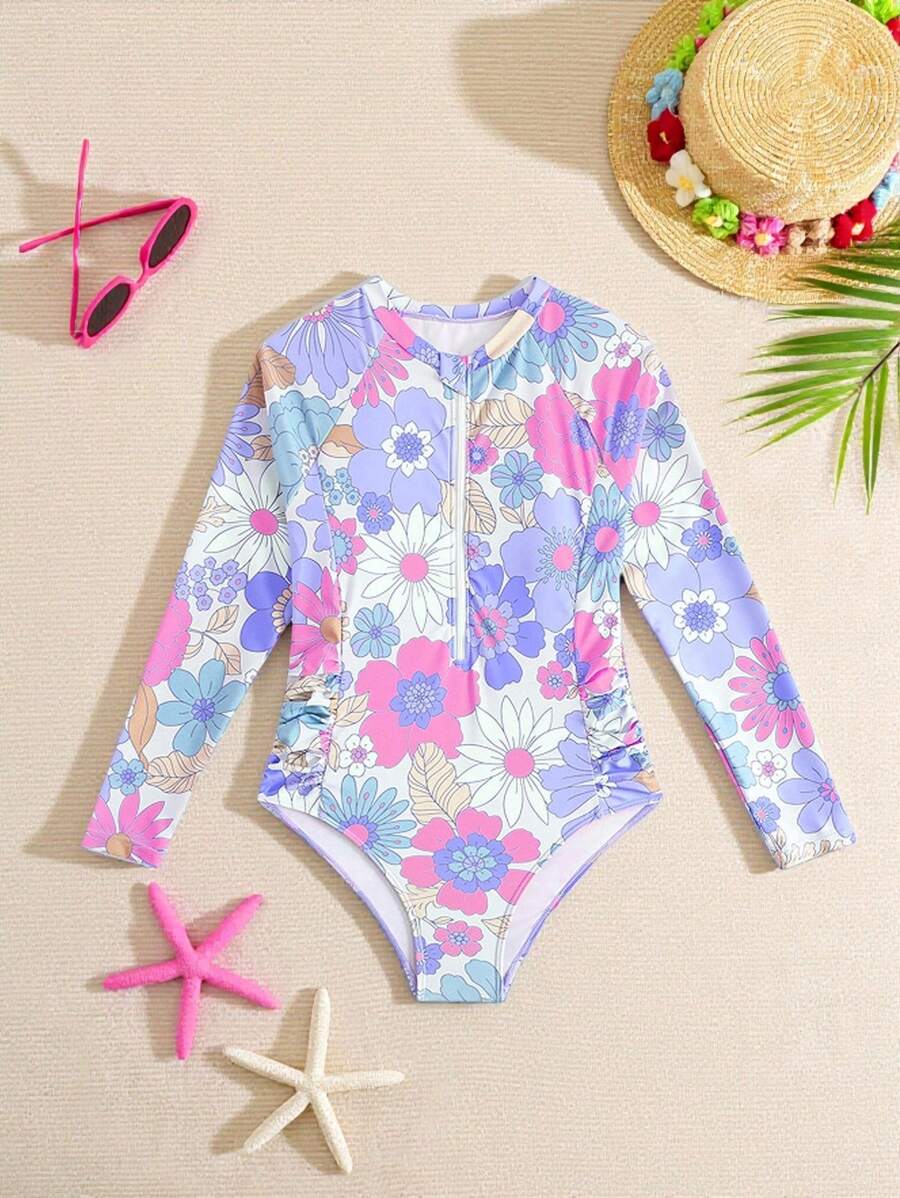 New Design All-Over Flower Pattern One-Piece Swimsuit For Tween Girl - Purple - View 1