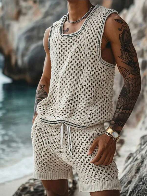 Manfinity RSRT Men's Summer Beach Hollow-Out Tank Top & Shorts Set ,Suits For Beach Vacation Vacation Outfit For Men Men Vacation Sets Men Vacation Outfit Vacation Outfit Men Men Vacation Clothes Men Swim Trunks Men Swim Trunks Casual Outdoor Beach Shorts