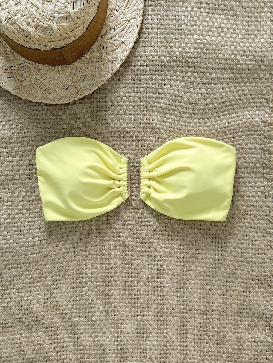 SHEIN Swim 女士夏季海滩纯色抹胸金属装饰比基尼上衣 - 黃色 - 查看 1