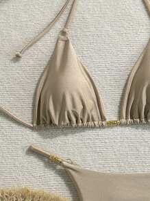Swim Mod Women Summer Beach Metal Decoration Round Ring Sexy Bikini Set - Khaki - View 3