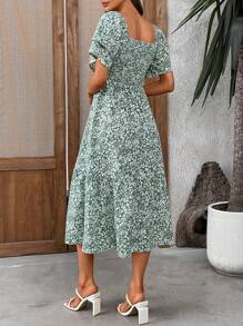 女式简约清新绿色碎花全身印花长裙，短袖