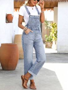 EMERY ROSE Women's Denim Overalls, Fashionable Jumpsuit Suitable For Summer - Light Wash - View 3