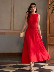 ZEYLAH Summer Vacation Round Neck Sleeveless Linen Long Dress