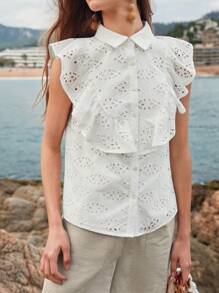 MOTF PREMIUM BLUSA COM BABADINHOS DE BORDADO COM ILHÓS - Branco - Visão 3