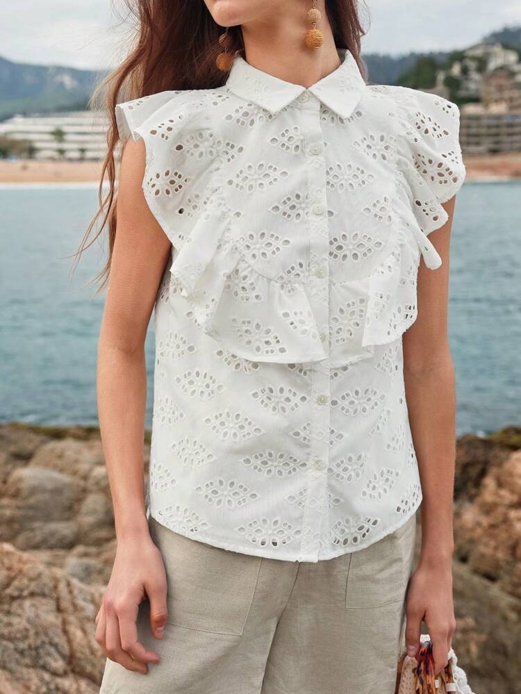 EYELET EMBROIDERY RUFFLE BLOUSE