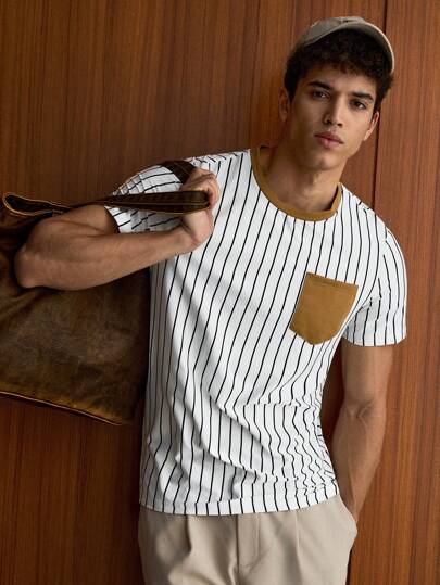 EASEVO 男士加大码休闲度假通勤撞色口袋条纹印花短袖T恤