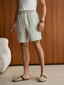 SWAVVY 男士棉质字母补丁细节抽绳腰短裤宽松膝盖尼龙酷神纯色薄荷绿度假常规短裤适合丈夫