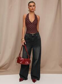 SHEIN BAE Black Polka Dot Print Casual Halter Tank Top, Suitable For Brunch, Outings, Dates, Commute, Cruises, Ibiza Style - Coffee Brown - View 6