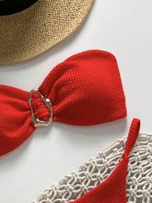 Swim Vcay Springbreak 女士纯色提花面料露肩金属装饰性感比基尼套装 - 紅色 - 查看 3