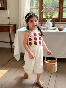 SHEIN Baby Girl 0-3 Years Spring/Summer Cute Textured Fabric Crochet Checkered Breathable Strawberry Fruit Overall Jumpsuit, Beige - Multicolor - View 1