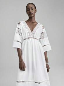 Ontre Vestido casual de vacaciones con unicolor, parche de encaje en la parte delantera y parte trasera larga - Blanco - Ver 9