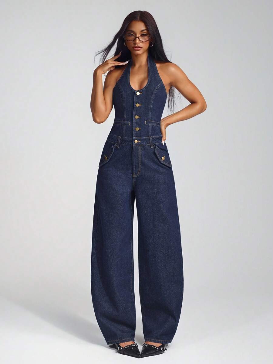 SHEIN Unity Street Style Neck Snap Washed Denim Jumpsuit - Dark Wash - View 1