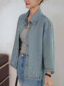 Dazy-Less 女式宽松经典复古牛仔衬衫，带水钻装饰，休闲装，短袖，春夏秋装，返校服，牛仔夹克，秋季女装 - 淺色水洗藍 - 查看 4
