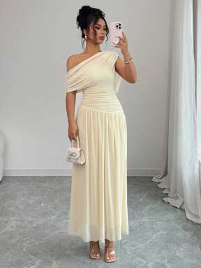 Elenzga Damen Einfarbiges elegantes französischer Stil Kleid, gerippter Spaghettiträger Raffung Taille Slim Fit Maxi Kleid, luxuriöses Abendkleid