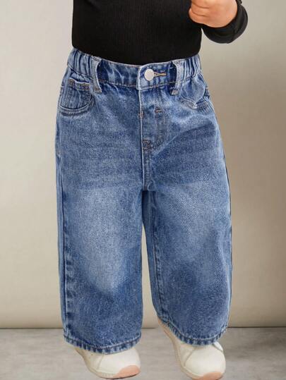 SHEIN Pantalones rectos anchos de mezclilla vintage azul para bebé/niña bebé