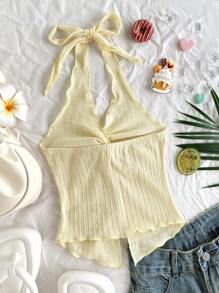 SHEIN Teen Girls Vacation, Summer, Stylish Halter Tie Knot Hem Slit Open Back Camisole Tank Top, Vacation Mini Halter Polka Dot Bubble Sleeve A-Line Side Slit Camisole, Pastel Yellow, Color, Valentine's Resort Style Mustard Black Textured Tube Top With Front Twist, Frill Trim Fitted Blouse. Suitable For Afternoon Tea, Streetwear, Vacation, Layering Or Party Wear, Autumn/Winter/Cute/Vacation