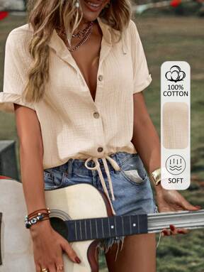 EMERY ROSE Solid Button Front Drawstring Hem Shirt