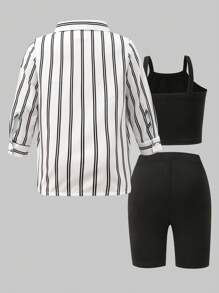 SHEIN Playful Pals 女嬰3件套休閒黑白條紋長袖外套背心短褲夏季度假柔軟套裝，適合上學與日常穿著 - 黑色 - 查看 2