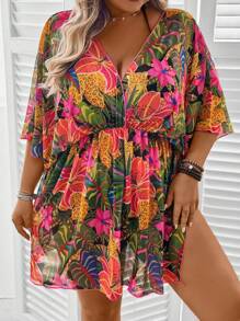 SHEIN CURVE+ Plus Size Women Summer Tropical Floral Print Loose V-Neck Crossed Beach Cover-Up, Swimwear, Casual Vacation Wear, SPF Protection Beach Outfits For Woman/Beach Dress/Beach Vacation Outfits/Beach Essentials / Graduation/Tea Party Dress Summer/Country/Beach Vacation Outfits/Beach Outfits/Beach Wear, Country Concert Outfit - Multicolor - View 3