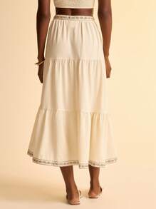 CAJUNI Boho Vacation Casual Embroidered Fringed Skirt, For Women In Apricot - Apricot - View 2