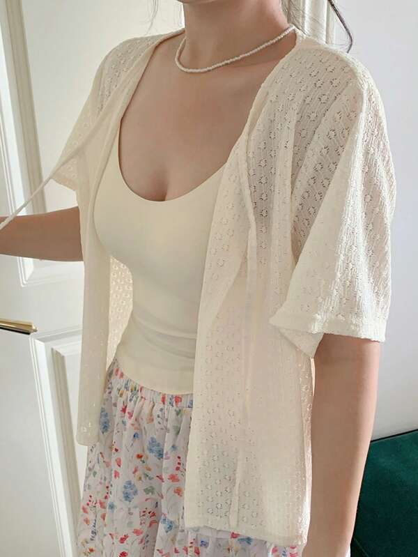 Dazy Plus Solid Color Textured Fabric Cropped Short Sleeve Tie-Front Cardigan