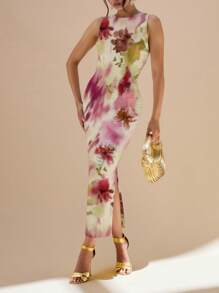 SHEIN Glamour Vestido ajustado sin mangas con estampado floral, elegante y cómodo, adecuado para vacaciones de verano y ocio - Blanco - Ver 3