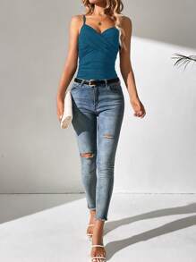 SHEIN Tall 女式夏季纯色十字设计褶皱修身背心 - 藍色 - 查看 5