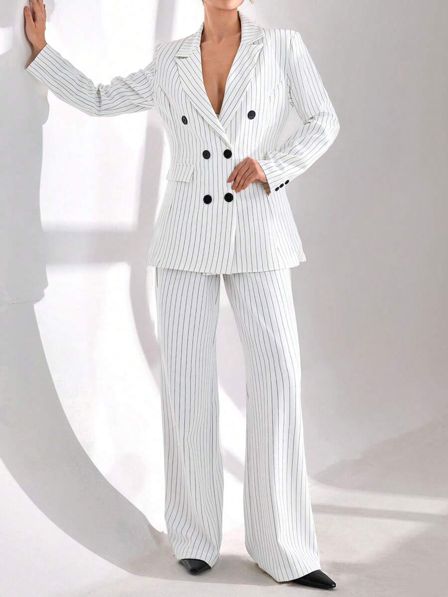 CLARA VERO Conjunto de traje elegante con camisa de botones a rayas blancas para mujer