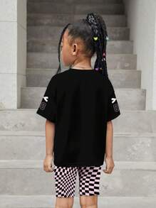Vintage Pink Plaid Sporty Style, Race Car Print, Star And Bow Print, Young Girl Casual Simple Short Sleeve And Shorts 2 Pieces Set, Suitable For Summer, Spring And Summer Street Style, Kids' Cozy , Family Outing Season