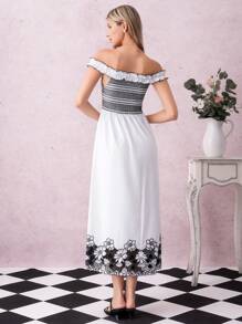 SHEIN Clasi Vestido elegante cinturado de cintura con bordado floral, con tirantes convertibles de hombros al descubierto, estilo romántico francés, para mujer, adecuado para citas, salidas, vacaciones, banquetes, fiestas, bodas, Día de la Madre, Día del Maestro, festivales de música. Lanzamiento de verano 2025