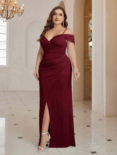 SHEIN Belle Plus Size Bridesmaids Dress, Off Shoulder Strap, Slight Mermaid Cut, Cross-Front Slit Hem