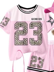 SHEIN 街头风骑行服。豹纹、23号和星星图案赛车服。少女休闲简约拼色圆领短袖T恤和短裤两件套，适合春夏季节 - 彩色 - 查看 4