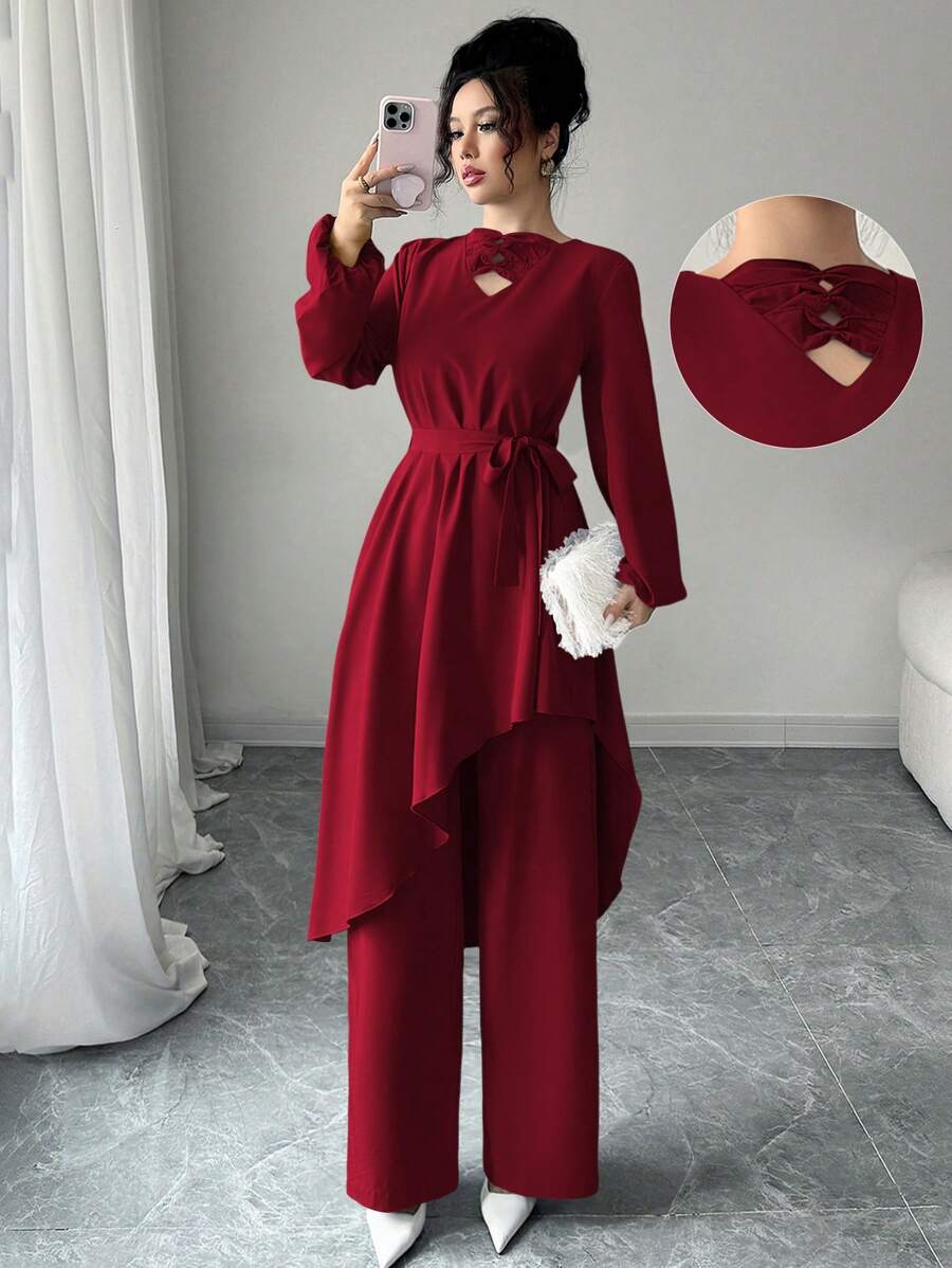Modelyn 2pcs Set Women Solid Color Tie Front Asymmetrical Hem Top And Pants Fall Cloth For Women - Burgundy - View 1