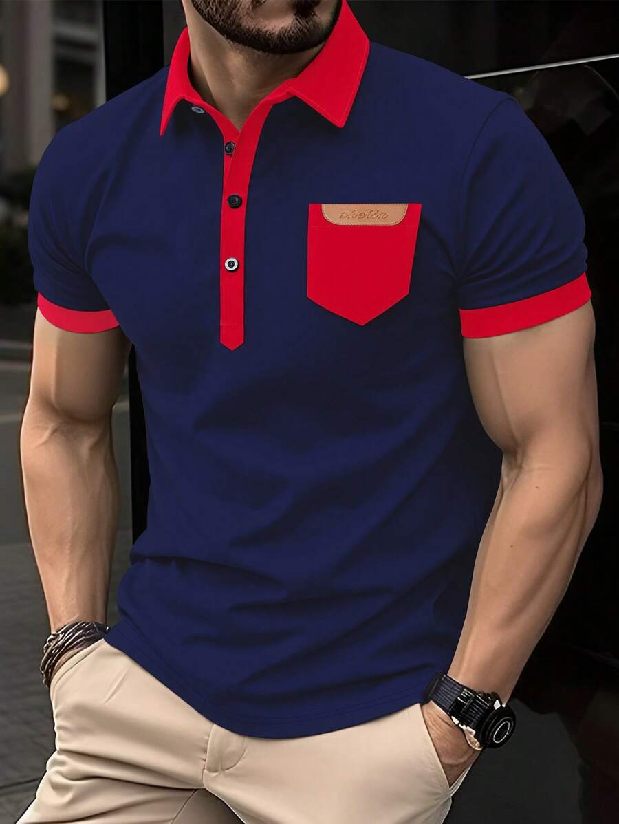 Manfinity Mode Áo thun polo nam cổ tay và cổ tay màu tương phản, cài nút, mùa hè - Màu xanh hải quân - Xem 1