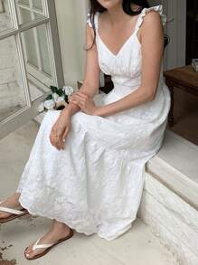 DAZY Women's Floral Jacquard Gathered Waist Short Cap Sleeve Midi Dress,Casual Women Dresses