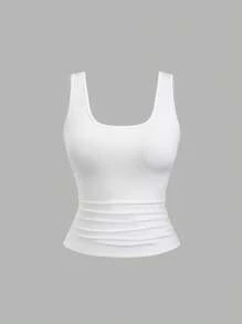 Sweetra Camiseta sin mangas casual con escote cuadrado y pliegues para mujeres de talla grande en verano