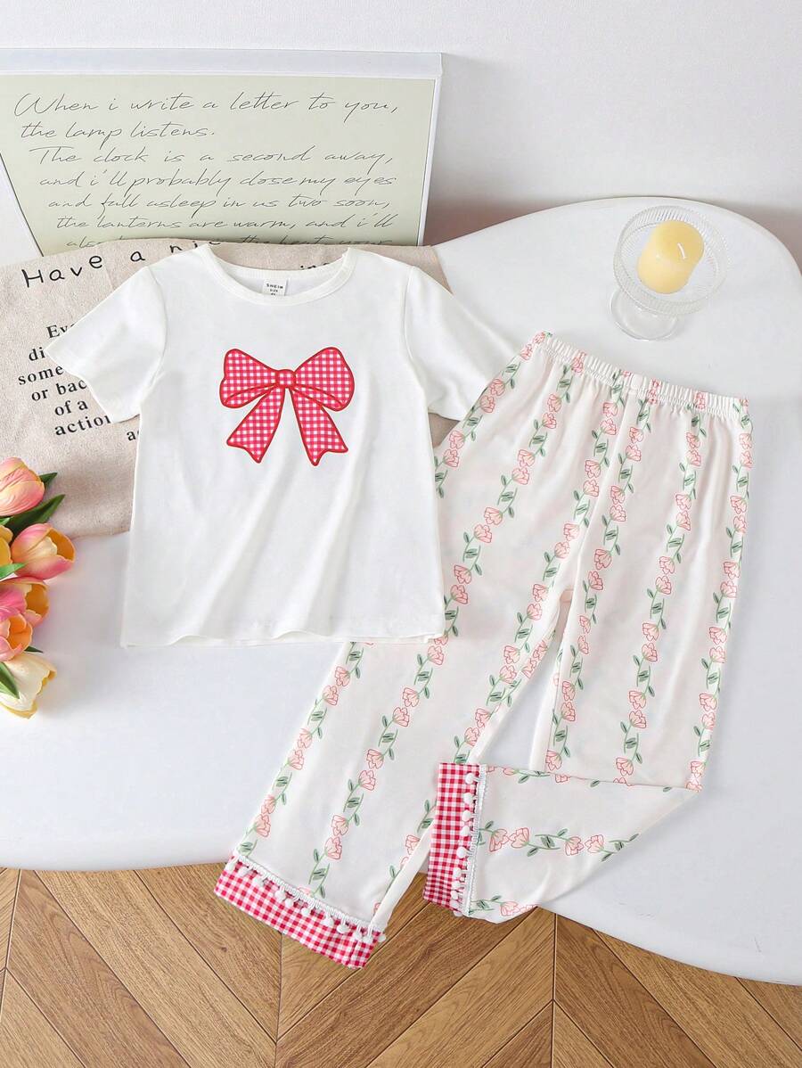 Set de 2 piezas de pijama para niña con cuellos redondos de punto suave y cómodo, estampado de mariposa y cuadros, con top de manga corta y pantalones