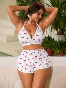 Swim Mod Cherry Print Contrast Color Bikini Set, Casual Women Plus Size Swimwear For Summer Beach Vacation - Multicolor - View 5