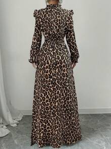 SHEIN PETITE فستان ماكسي طويل ذو استقامة ورفرفة وخصر مربوط طباعة فهد أنيق للمرأة، للربيع والخريف